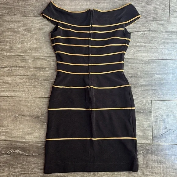 Tadashi Shoji Bodycon Gold And Black Scuba Knit Mini Dress, NWT - Picture 3 of 7